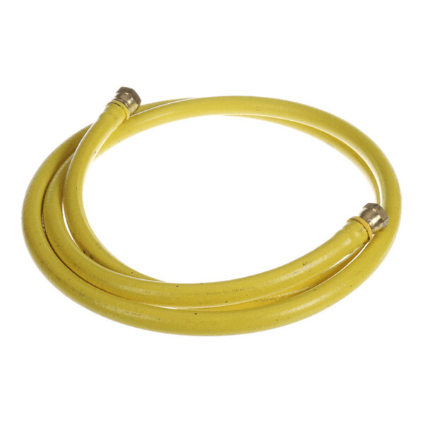 A coiled yellow hose with metal fittings on both ends.