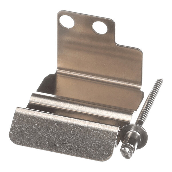 A metal bracket with two holes and an accompanying screw, likely used for mounting or securing objects.