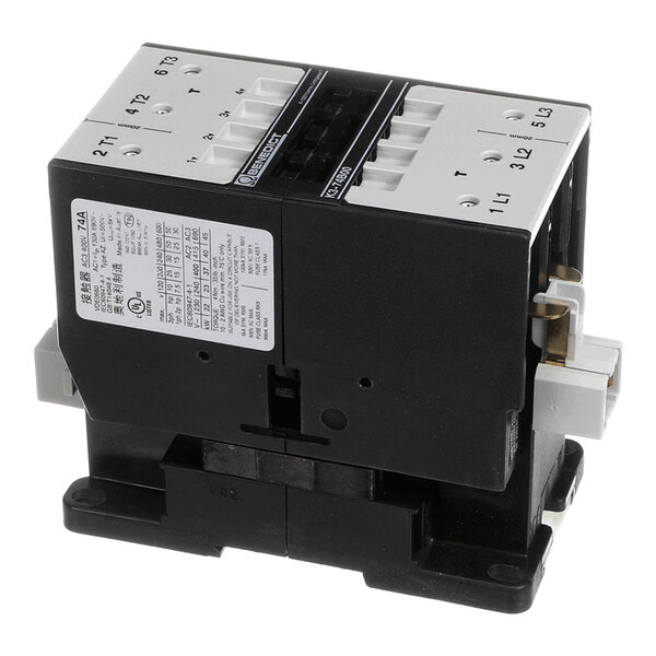 A black and white electrical contactor with labeled connection terminals and a specification label on the side.