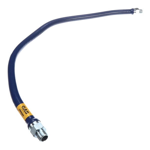 A flexible blue hose with metal connectors on both ends, one labeled for gas use.