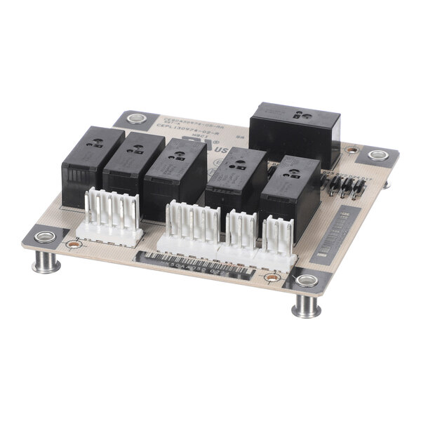 A rectangular electronic circuit board with multiple black relays, white connector terminals, and mounted on four metal standoffs.