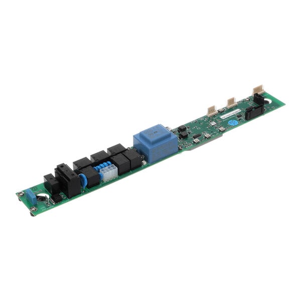 A green electronic circuit board with various components including black and blue modules, connectors, and integrated circuits.