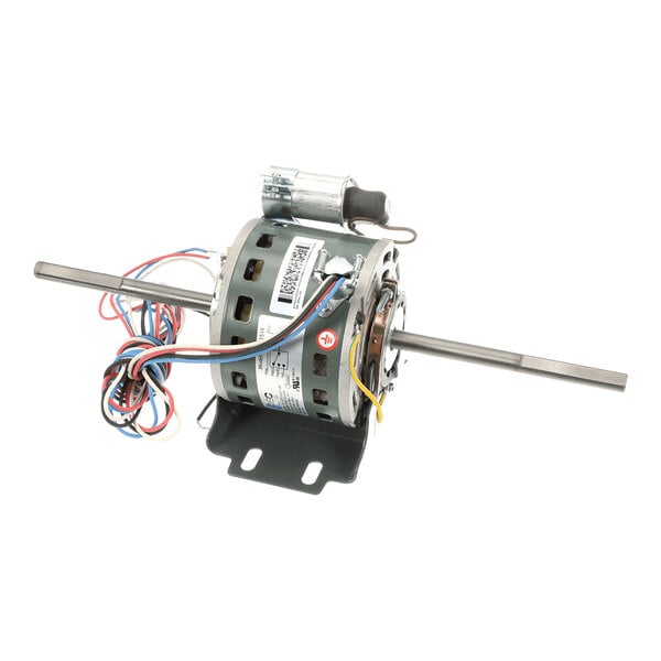 An electric motor with a cylindrical body, two extended metal shafts, attached wires, and a mounted capacitor.