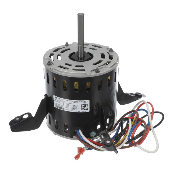A cylindrical electric motor with a central shaft, mounting brackets, and several colored wires extending from its base.