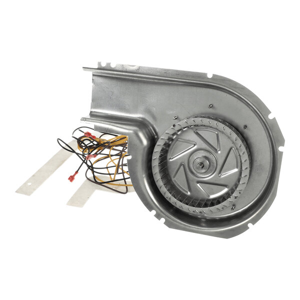 A metal blower or fan assembly with a circular impeller and attached electrical wires.