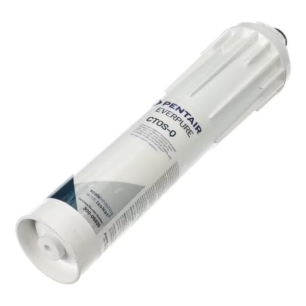 A white cylindrical cartridge with labeling and a nozzle on one end, likely a filter component.