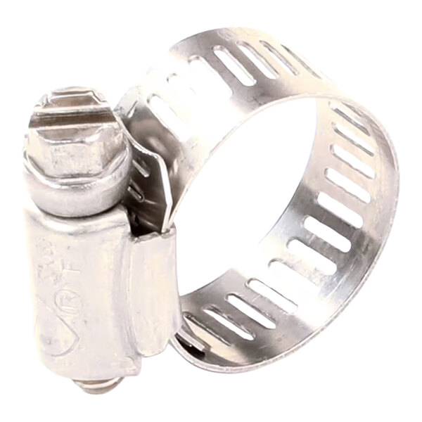 A metal hose clamp with a slotted band and a screw mechanism for tightening.