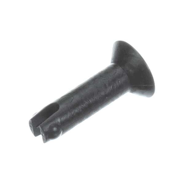 A small, black, cylindrical metal pin with a flared head and a slotted end.