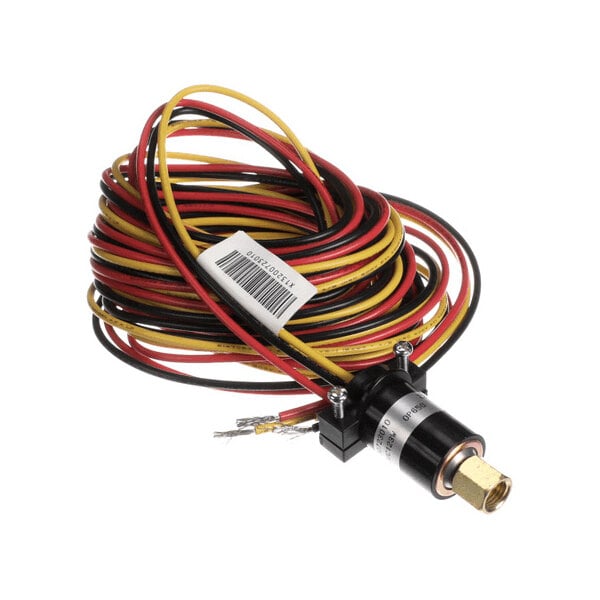 A coiled bundle of red, yellow, and black wires attached to a cylindrical black component with a brass fitting and mounting bracket.