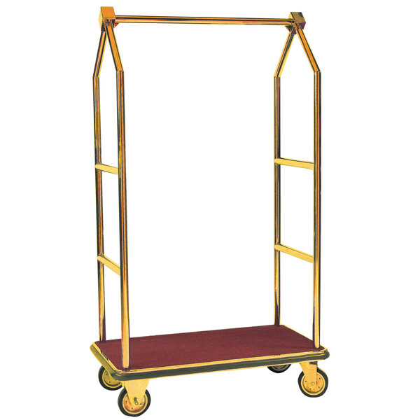 A stainless steel luggage cart with brass finish and red accents.