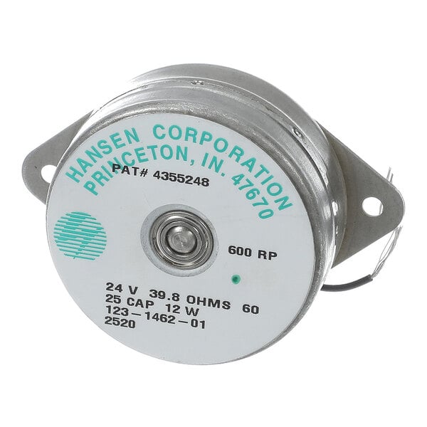 A round metallic component with mounting flanges, labeled with technical specifications and wiring, likely an electric motor or actuator.