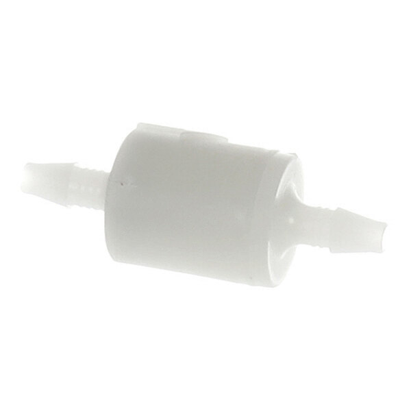 A small white cylindrical plastic component with tapered nozzles on both ends.