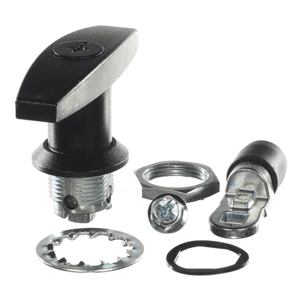 A set of metal and plastic hardware components, including a T-shaped handle, a cam latch, a nut, a screw, and washers, arranged on a white background.