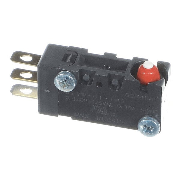 A small black electrical switch with three metal prongs, two visible screws, and a red and white button on one end.