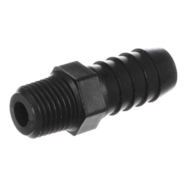 A black plastic fitting with a threaded end and a ribbed barbed end, likely used for connecting hoses or tubing.