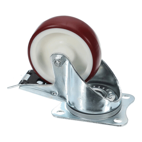 A metal swivel caster with a red and white wheel and an attached brake mechanism.