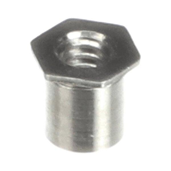 A small metallic standoff with a hexagonal top and a threaded hole in the center.