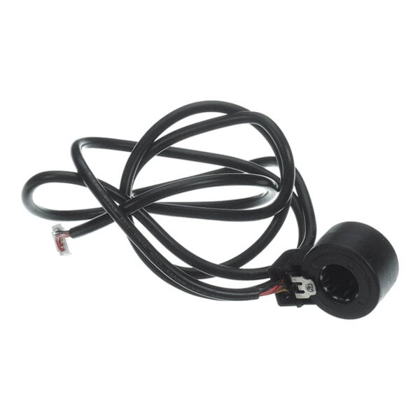 A black coiled cable with a circular sensor or component at one end and a small connector at the other end.