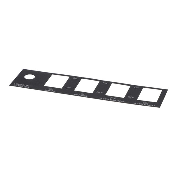 A rectangular black panel with five square cutouts and white printed labels for various switches, including lights, washer, kettle motor, and kettle heat.