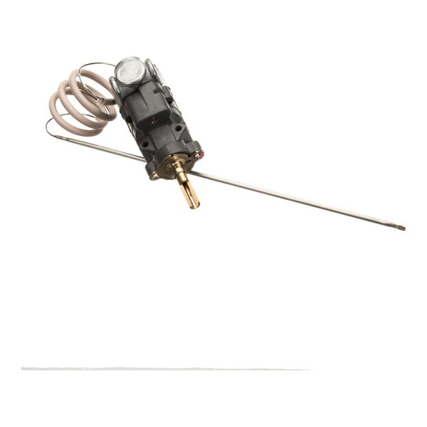 A mechanical device with a coiled wire, a long metal probe, and a black housing, likely used for temperature regulation.