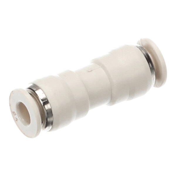 A cylindrical, white plastic connector with metallic rings near both ends, featuring openings on each side.