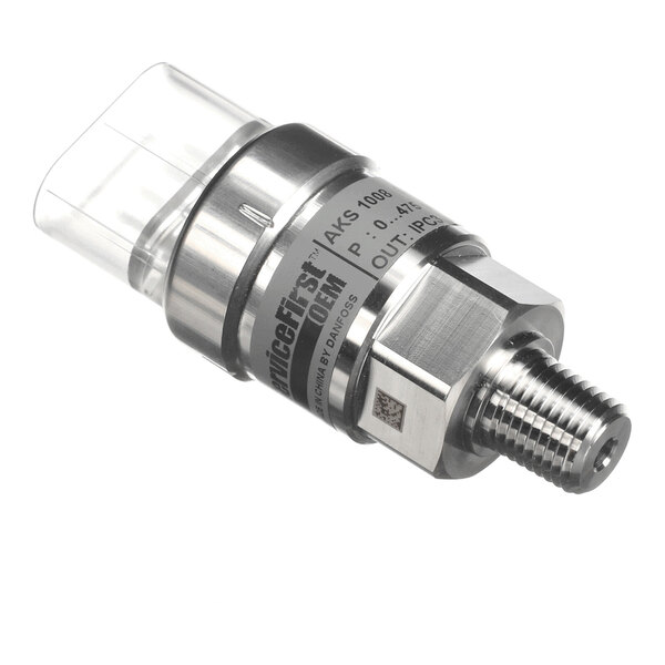 A metallic cylindrical sensor component with a threaded end and a plastic connector cap.