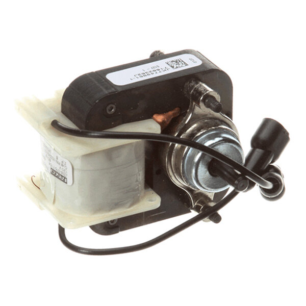 A small electric motor with attached wiring and a metal mounting bracket.