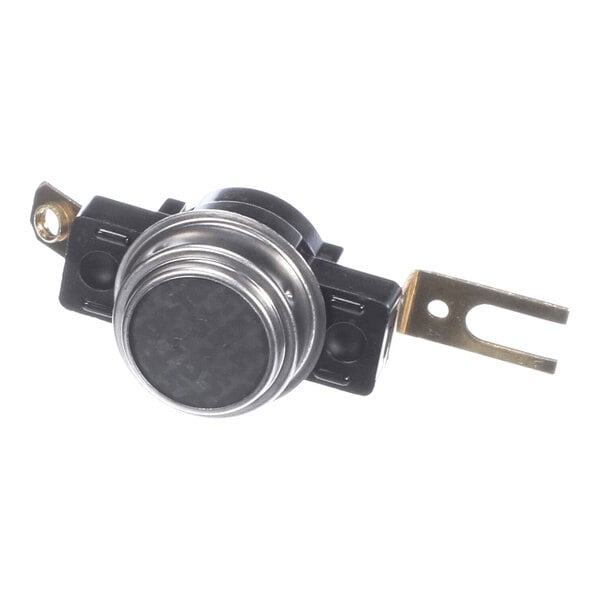 A metallic and plastic electronic component with a round central body and two flat metal terminals extending from each side.