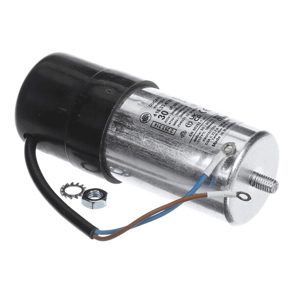 A cylindrical metallic component with a black cap, attached wires, and mounting hardware including a nut and washer.