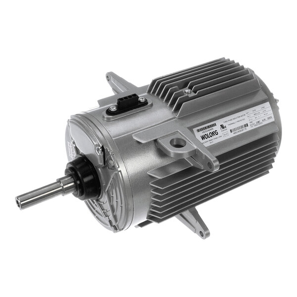 A metallic cylindrical electric motor with cooling fins, a protruding shaft, and a label on the side.
