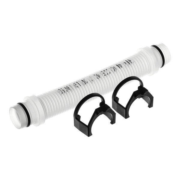 A white flexible hose with black O-rings on each end and two black plastic mounting clips.