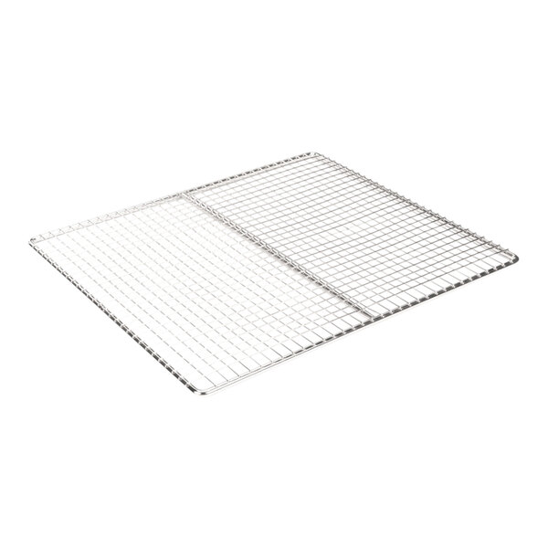 A rectangular metal wire cooling or crumb rack with a grid pattern.