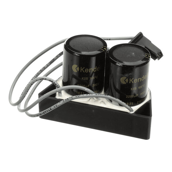 Two large black cylindrical capacitors with attached gray wires are mounted on a black plastic base.
