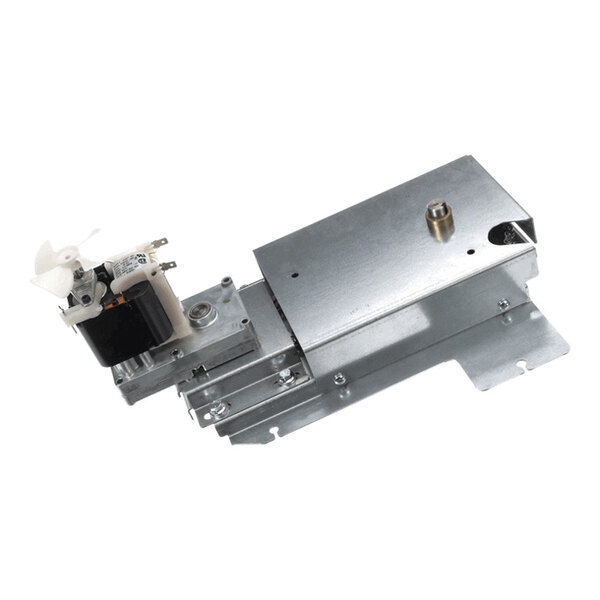 A metal mechanical assembly with a small electric motor and a white plastic fan attached to one end.