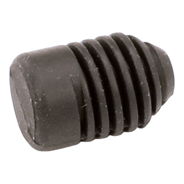 A small, black, cylindrical object with a flat end and screw threads, resembling a rubber screw-in bumper.