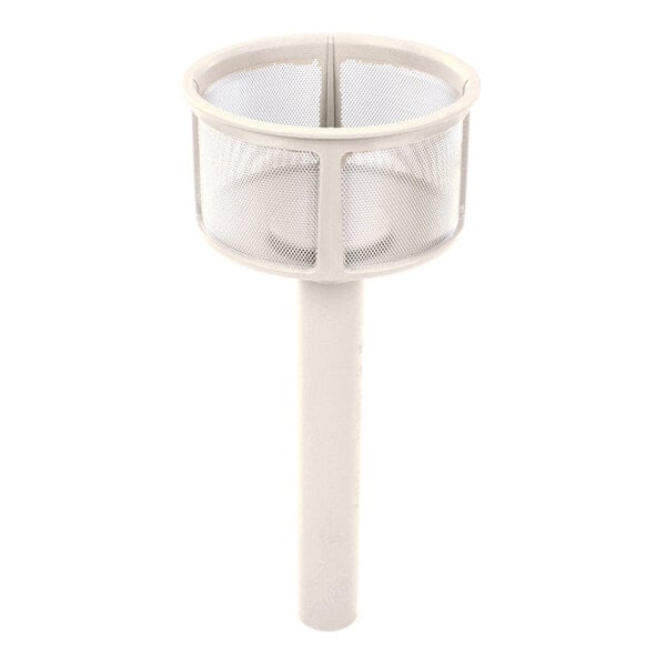 A cylindrical mesh filter with a long solid handle or pipe attached at the bottom.
