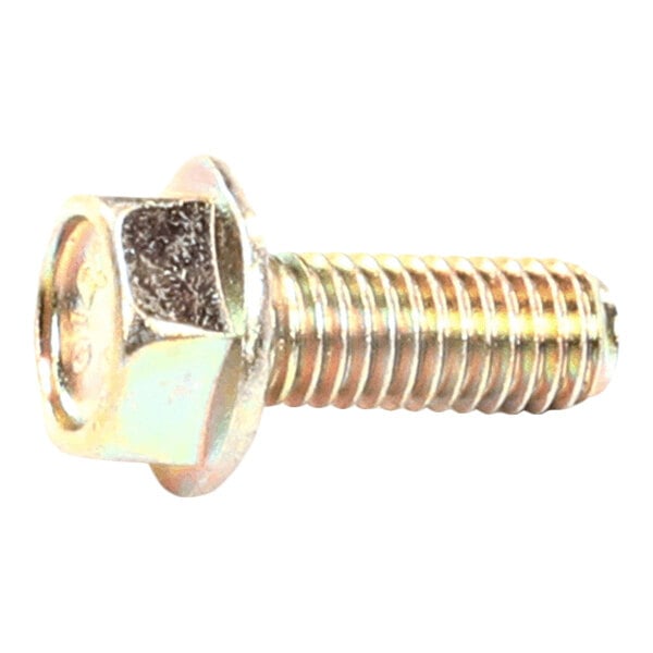 A metallic hex flange screw with a threaded shaft and a built-in washer-like flange under the hexagonal head.