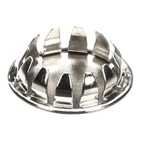 A round, metallic object with a domed center and multiple upward-bent tabs around the edge, resembling a chrome-plated cap or plug.