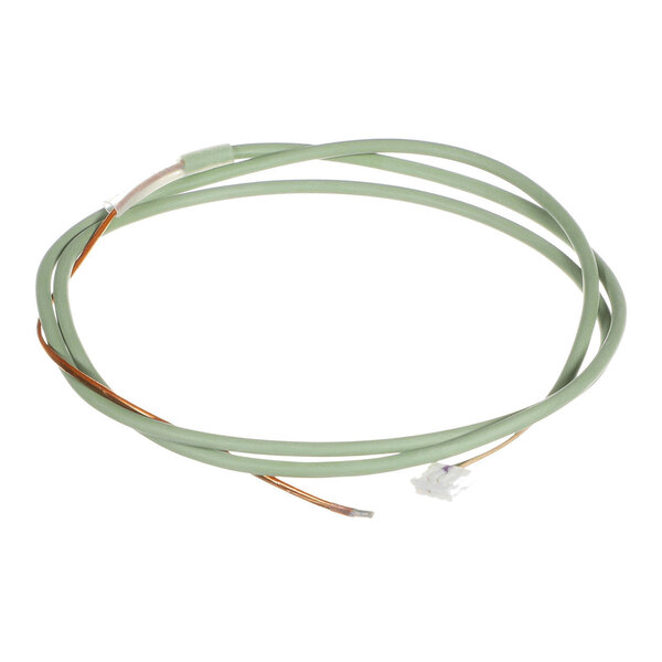 A coiled green wire with exposed copper ends and a small white connector.