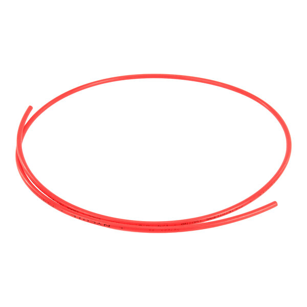 A coiled length of thin, red tubing on a white background.