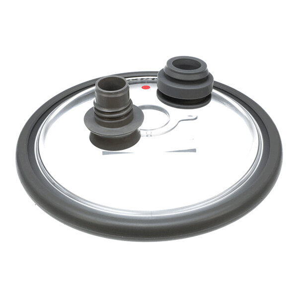 A round transparent lid with a gray rubber-like rim and two gray cylindrical attachments on top.