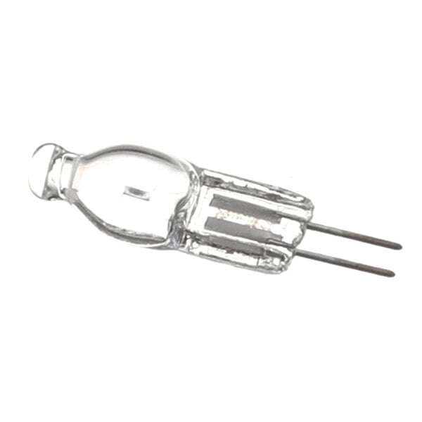 A small, clear glass light bulb with two metal prongs extending from one end.