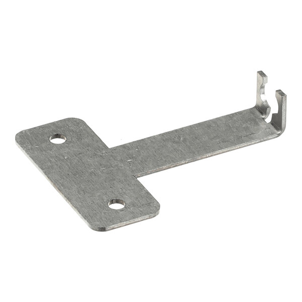A flat, metallic bracket with two screw holes on one end and a bent, slotted section on the other end.