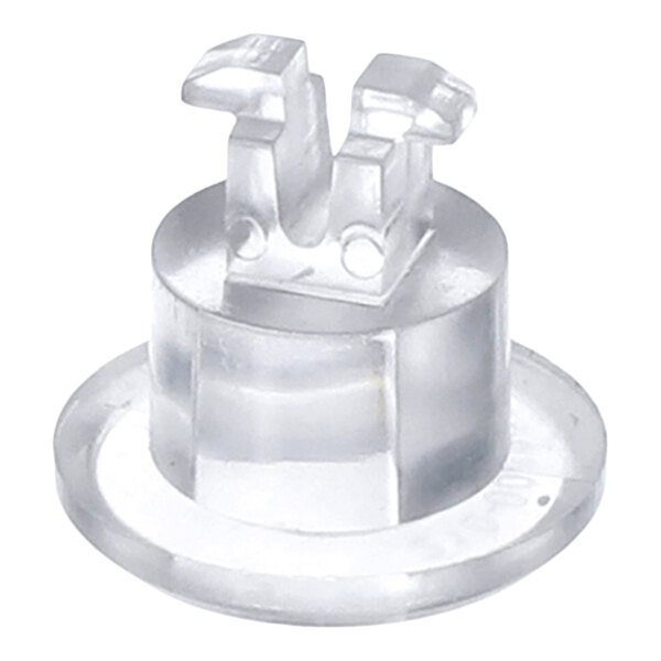A clear, cylindrical plastic component with a flat base and two prongs extending upward from the top.
