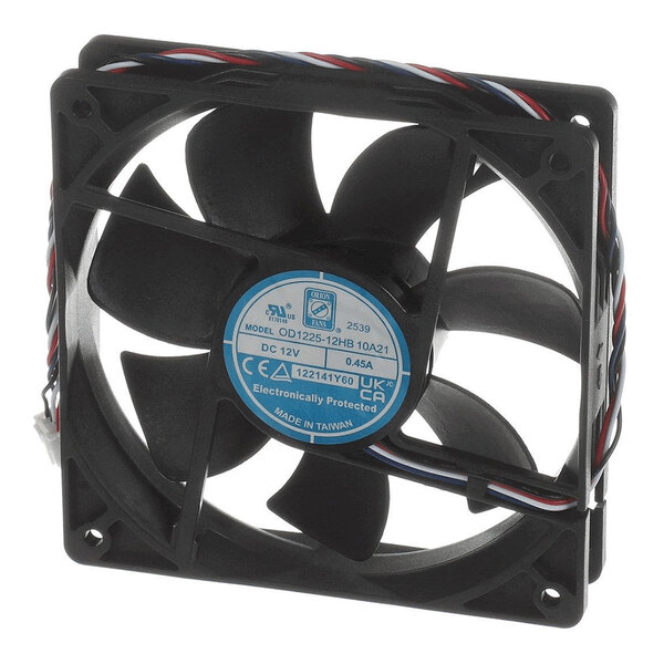 A black square cooling fan with a central blue label and three colored wires attached.
