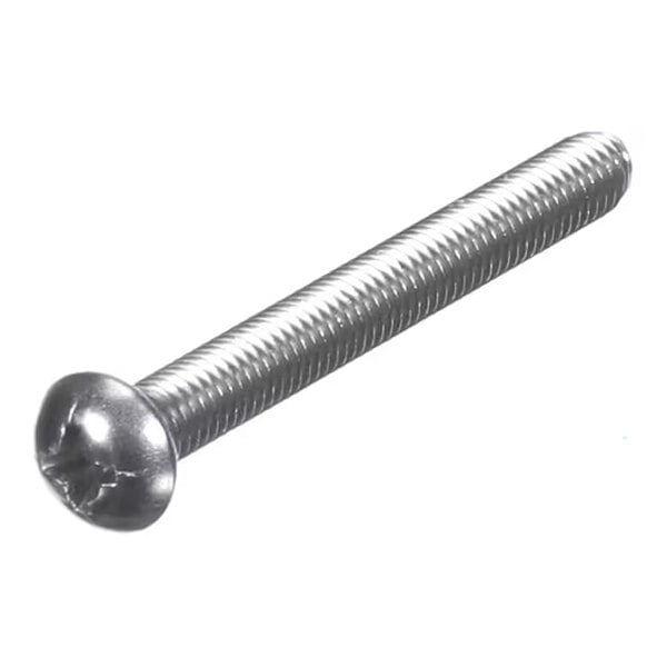 A metallic screw with a round head and a Phillips drive, featuring a fully threaded shaft.