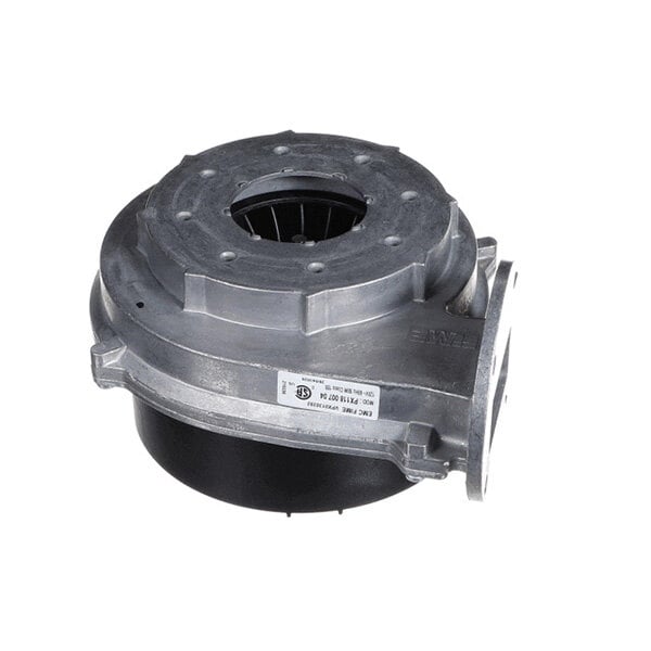 A metallic and black blower motor assembly with a circular housing and visible fan blades inside.