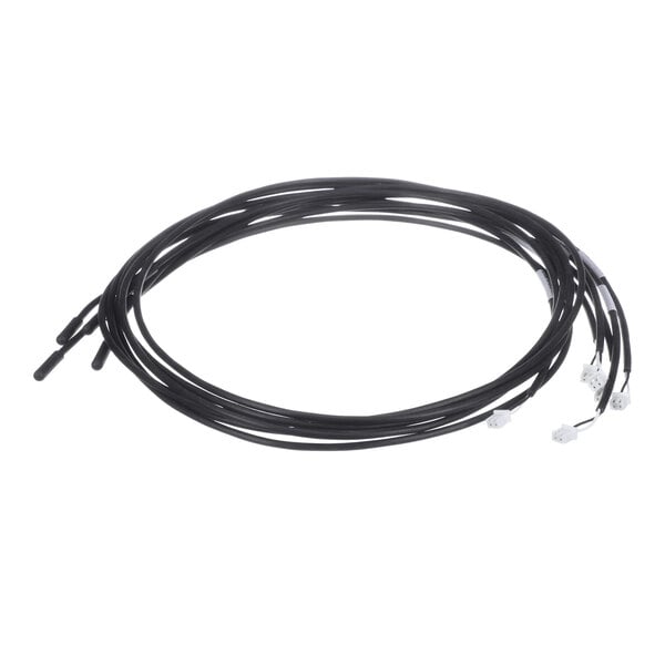 A coiled black cable with connectors on both ends, likely used for electronic or sensor applications.