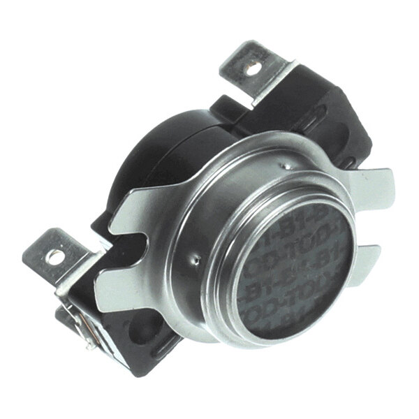 A close-up view of a metallic and plastic electronic component with mounting brackets and two electrical terminals.