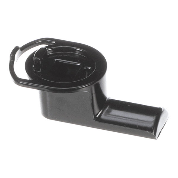 A black plastic latch with a circular top and an extended flat handle.